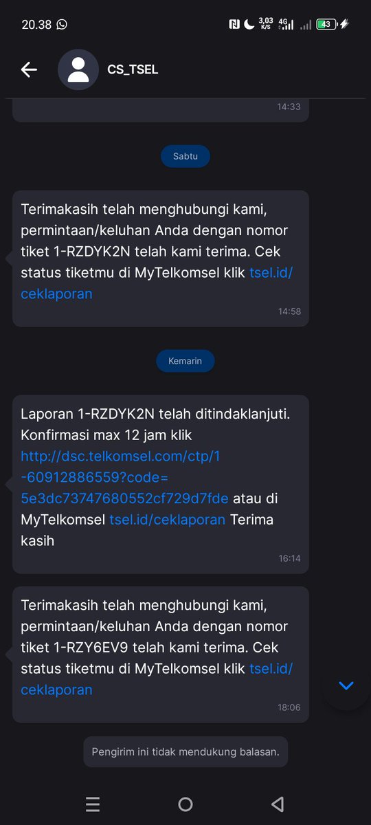 Domikado1999's tweet photo. @Telkomsel @KEMENKOMINFO @telkomselcare @publik UPDATE @Kemenkominfo @Telkomsel 
Total 4 tiket laporan saya ditutup tanpa solusi: 
1-RZDYK2N, 1-RZY6EV9, 1-RPBJ8XA, 1-RJFP6UA
Dari 23 Juni 2026 sampai hari ini masalah SNR 0.0 di BTS 51031-11 masih sama.
Mohon ditindaklanjuti. https://t.co/8jo7JD5WIy