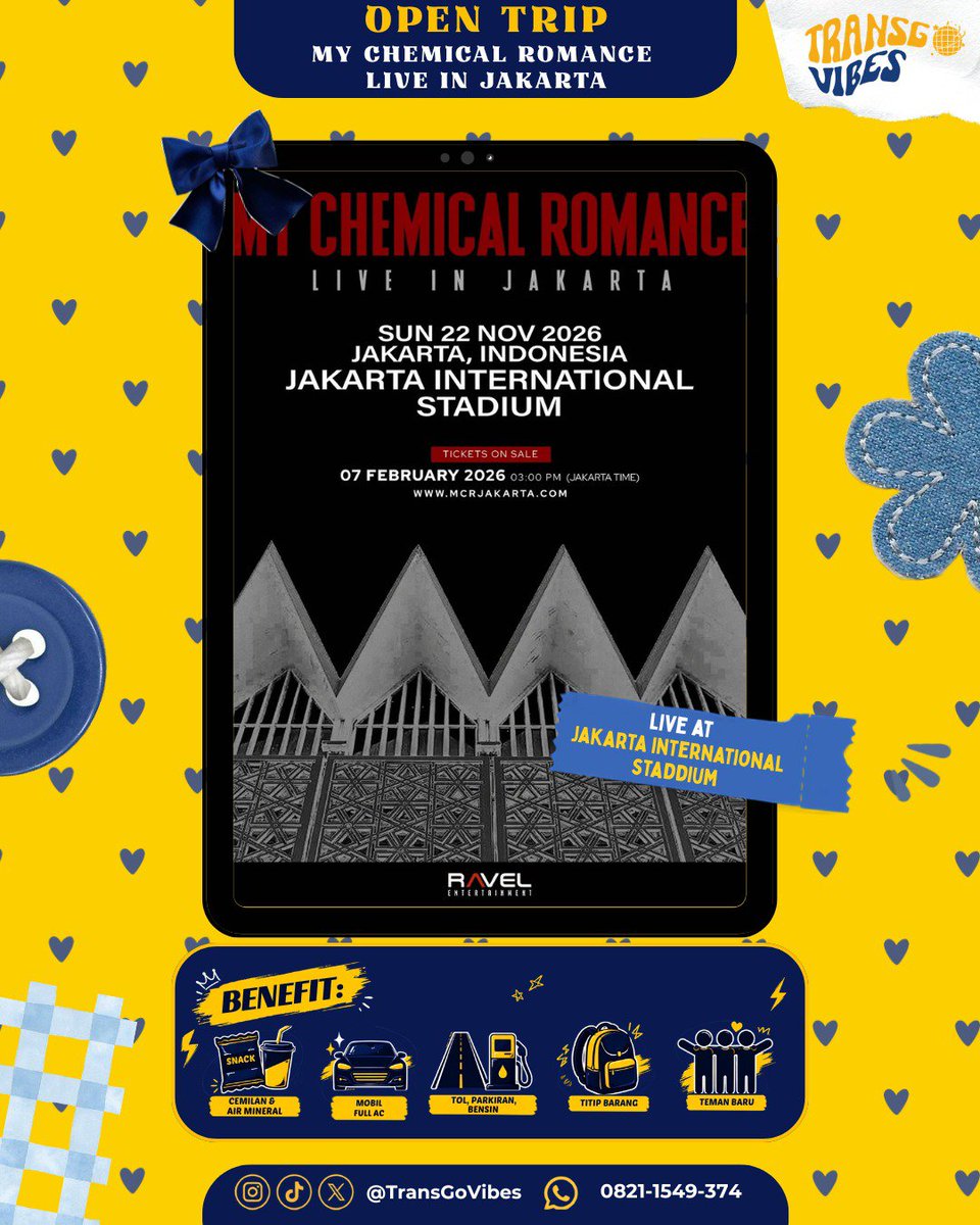 TransGoVibes's tweet photo. OPEN TRIP KONSER MY CHEMICAL ROMANCE -JAKARTA INTERNASIONAL STADIUM-

MCR Live in Jakarta di JIS?! Mau nonton anti pusing mikirin macet, tol, dan parkiran? Join Open Trip TransGoVibes aja!
Tinggal duduk manisplus dapet temen baru♥️
#opentripmurah 
#tripkonser 
#MCRJakarta 
#JIS https://t.co/8Eia8MzChi