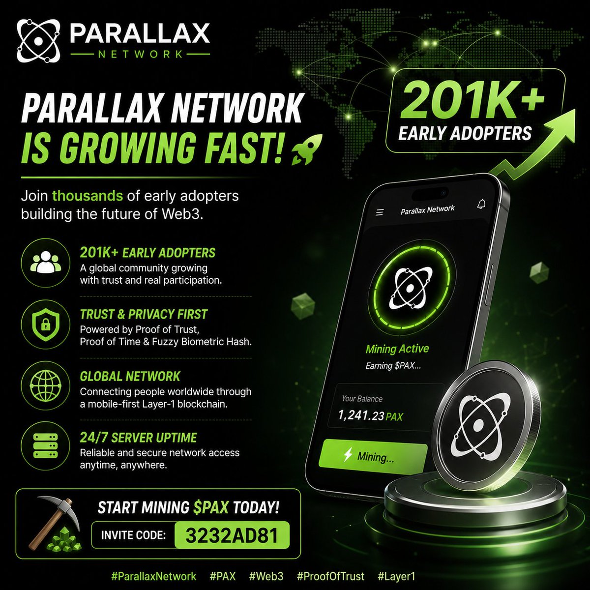 htkgam76's tweet photo. 🚀 **Parallax Network is Growing Fast!**  
   
🌍 **201K+ early adopters** are already building the future of Web3 with trust, privacy, and real participation.  
   
⛏️ Start mining **$PAX** today.  
   
🎯 *Invite Code:** *3232AD81  
   
#ParallaxNetwork #PAX #Web3 #ProofOfTrust https://t.co/OhrTRDEjIi