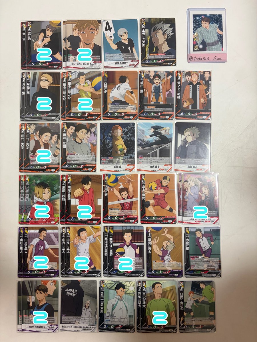 tndk313's tweet photo. 【交換】 ハイキュー バボカ ユース＆選抜強化合宿 ゴミ捨て場の決戦 最強の挑戦者 

【譲】画像1~3

【求】画像4~6(数字・記号なしは各1求め)

及川、影山含む交換優先
なるべく同レアリティ希望

横浜手渡し・郵送
お気軽にお声掛けください🩵 https://t.co/H8Vdl1ejwC