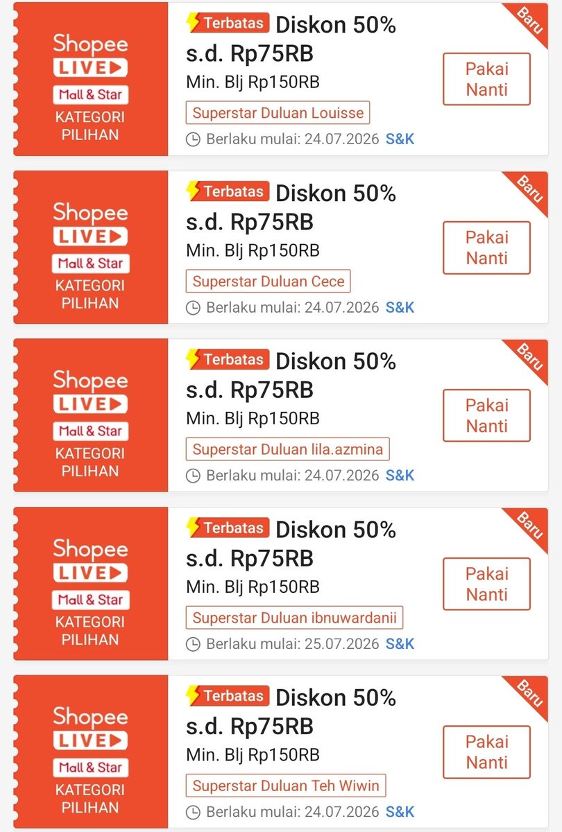 RacunBelanja's tweet photo. Voucher Shopee Live Superstar

Jadwal di vouchernya:

🗓️ 24 Juli 2026
⏰ Jam 09:00 Louisse
⏰ Jam 11:00 Cece
⏰ Jam 12:00 Teh Wiwin
⏰ Jam 19:00 Lila Azmina

🗓️ 25 Juli 2026
⏰ Jam 12:00 Ibnu Wardani

Klaim dulu sekarang:
https://t.co/MTA0ipUJGn https://t.co/McmYiQymfk