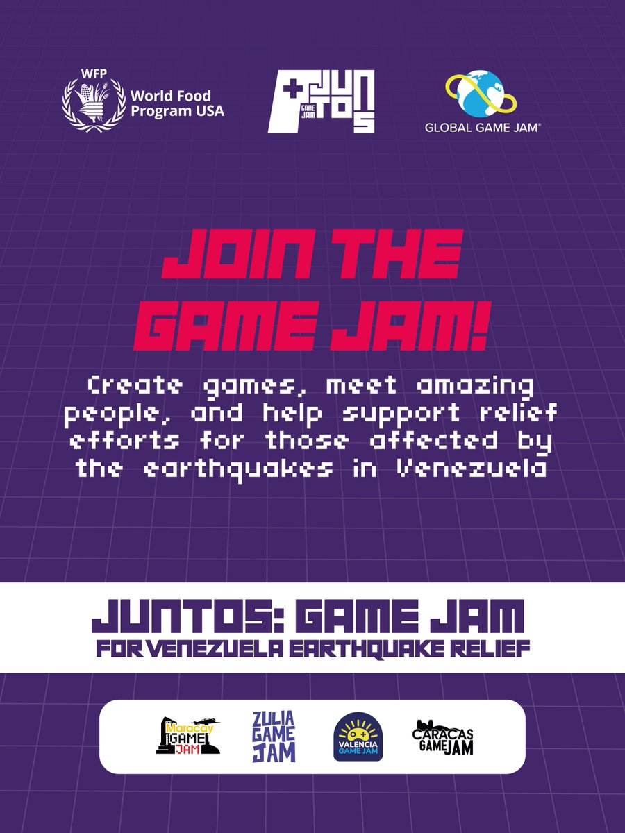 globalgamejam's tweet photo. 🎮 Help us reach 100 jammers today! Every new participant means more creativity, more community, and more support for earthquake relief in Venezuela. Join us: https://t.co/KalYd49kaC

#JuntosGameJam #WFPUSA #GameDev https://t.co/IxGd6XPlCM