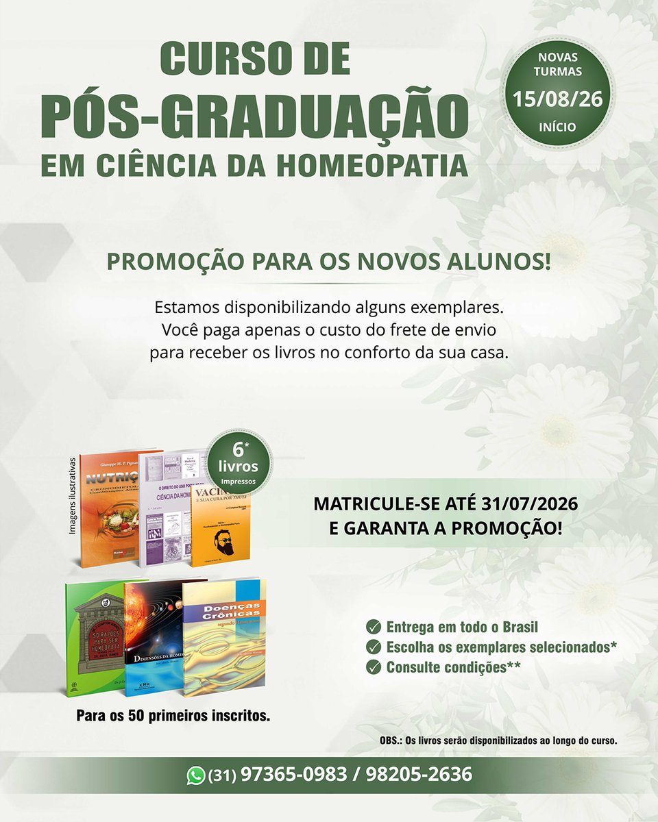 CursoHomeopatia's tweet photo. CURSO LIVRE DE CIÊNCIA DA HOMEOPATIA
SISTEMA HÍBRIDO - CURSO EM 12 MESES
📍 MATRICULE-SE na turma de Agosto/2026!
INÍCIO: 15 e 16/08/2026
DURAÇÃO: 12 meses
CARGA HORÁRIA: 800h
CERTIFICADO: Expedido após a conclusão.

🌐 https://t.co/VFyTrAd7q5
📞 (31) 98205-2636 / 97365-0983 https://t.co/waD4CrV734