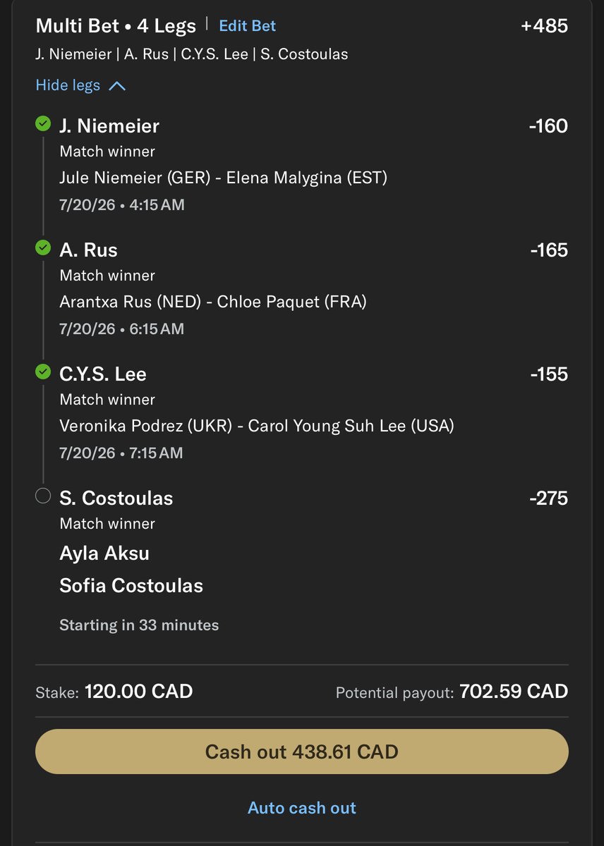 MoneyyMeLo's tweet photo. Wake and cash down to the final leg👀

4x cashout right now feel free to take it if you are happy with it, we need Costoulas ML -275 to cash against someone she just been in straight sets yesterday, what could go wrong!🙏

Who rode with me and is sweating it out? https://t.co/xaZ4oarv9L