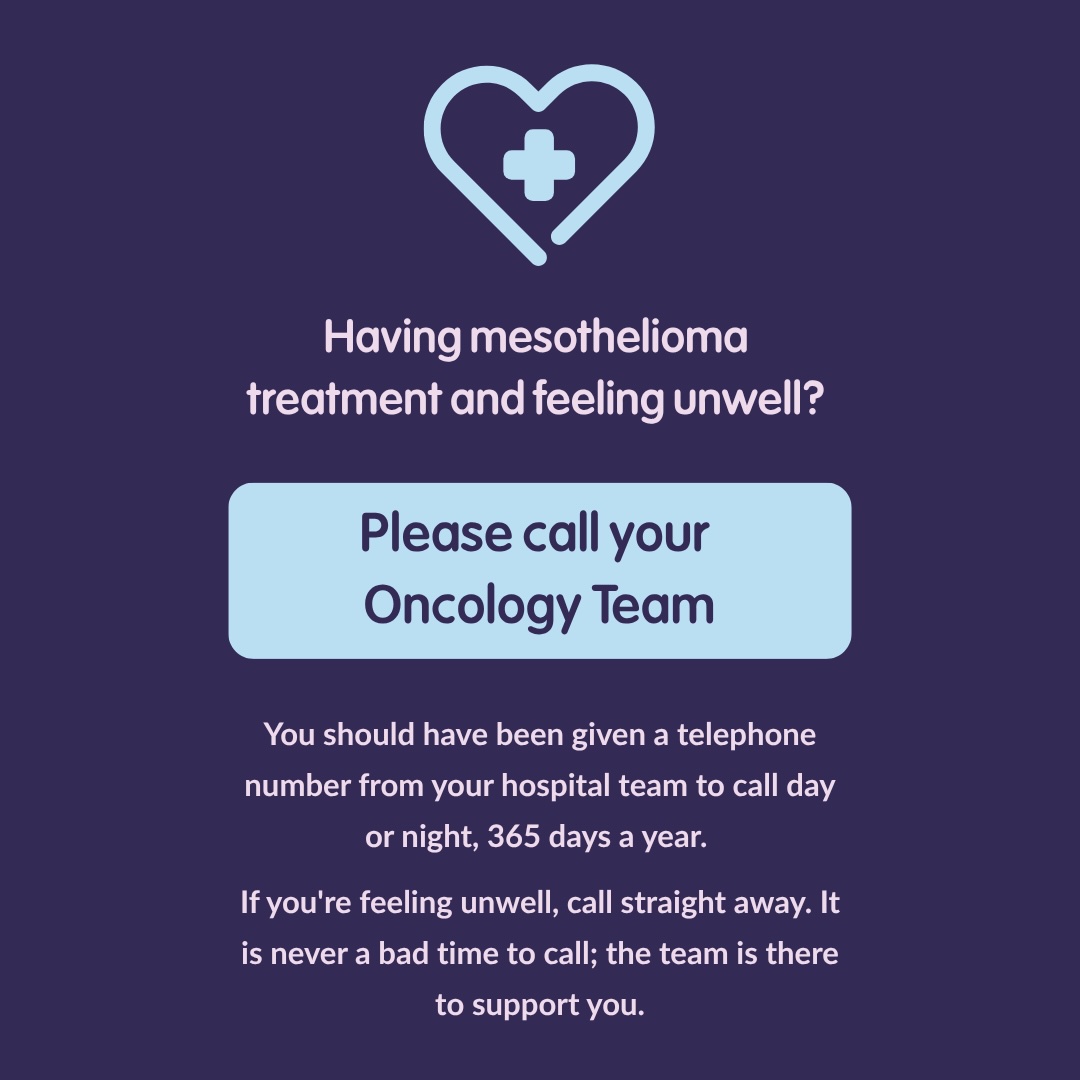 Mesouk's tweet photo. If you're having treatment for mesothelioma &amp; start to feel unwell, please remember that your hospital's Oncology Team is only a phone call away. If you don't have the number, please contact your hospital team.
📞 Available day and night, 365 days per year. 
#MesotheliomaSupport https://t.co/zHzNSRAGrl