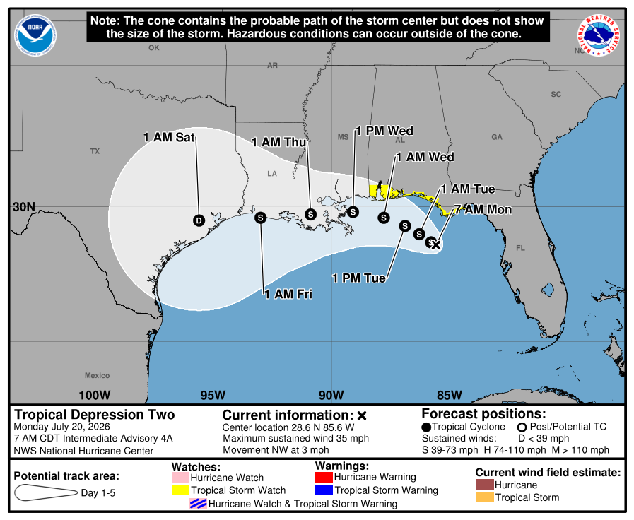 MSEMA's tweet photo. MEMA is closely monitoring Tropical Depression Two. It is expected to become a tropical storm later today.

We encourage citizens to monitor the progress of this storm system as it is expected to impact Mississippi in the coming days.

Areas of flash flooding are possible through Friday along the Gulf Coast and in southern Mississippi.

Stay safe, Mississippi!