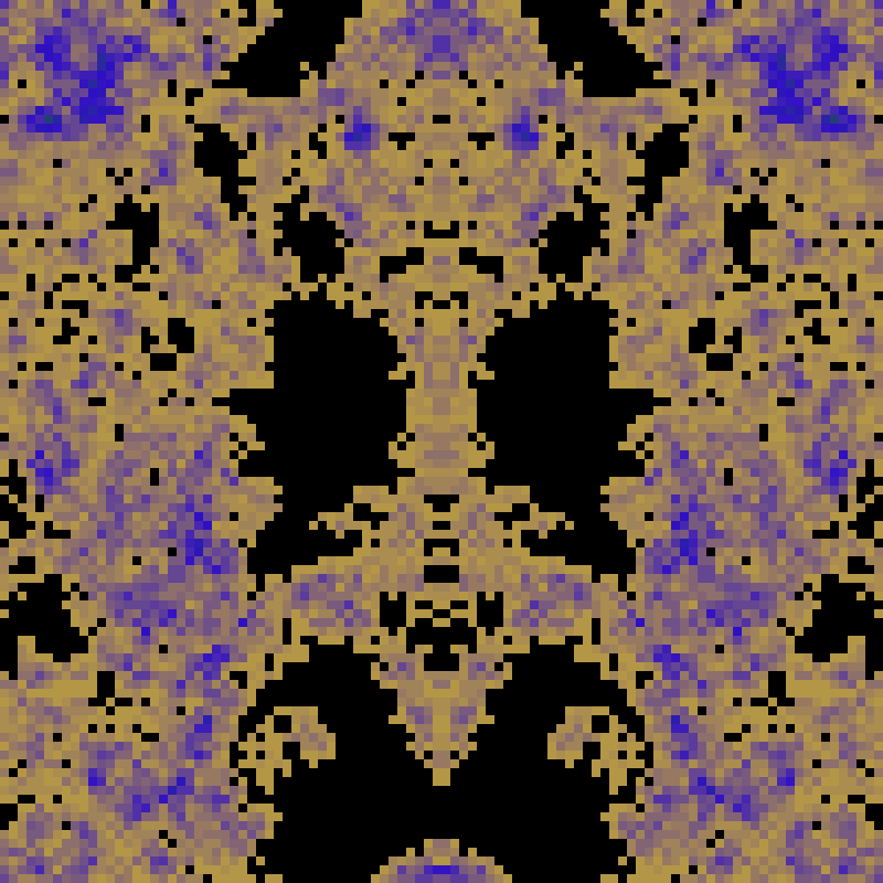 PatternRandom's tweet photo. Low-res mirrored palettewalk
iterations=14852,levels=27,seed=774493599,cols=3,c1=b49746,c2=2e0dc7,c3=1c653a https://t.co/B6tNdOLQmC