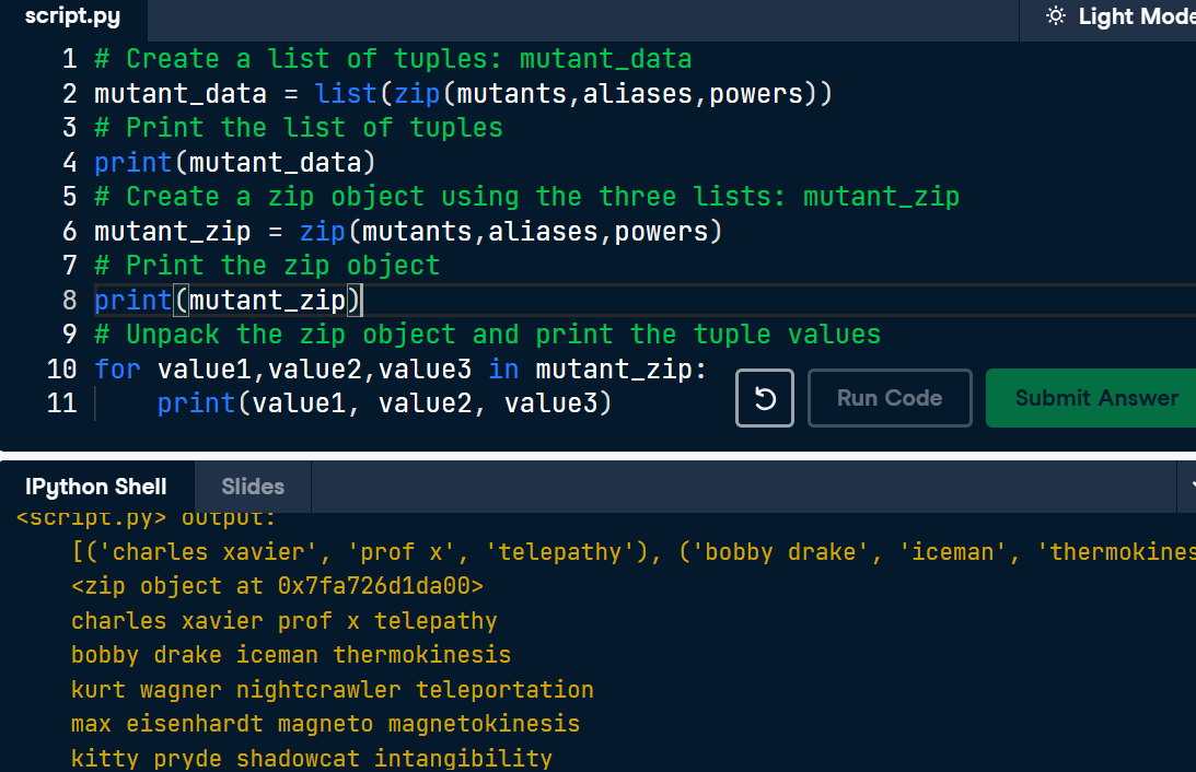 meyang27's tweet photo. #LSPPDay50
Today, I further explored iterators in Python. I learned how to use enumerate and zip. I also used them and also * and zip to 'unzip'.
@lftechnology
#60DaysOfLearning2026 #LearningWithLeapfrog https://t.co/Y8n5NgJ0oW