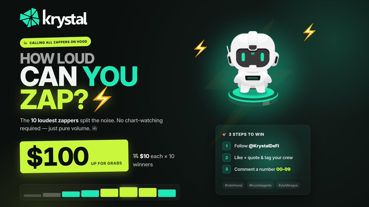 KrystalDeFi's tweet photo. 🚨 CALLING ALL ZAPPERS ON HOOD! 🚨 Claim Your $100 Now
 
Our campaign is officially LIVE, and we're rewarding the 10 LOUDEST ZAPPERS in the ecosystem! ⚡

💰 Prize: $100 Total Pool ($10 for 10 lucky winners)

👇 Quick Tasks to Enter:

1️⃣ Follow @KrystalDeFi
2️⃣ Like & Quote Retweet this post to share with your friends using: #robinhood #krystalagents #yieldleague
3️⃣ Comment a 2-digit number (00 to 99) under this post!
🗓️ Reward Distribution: August 3, 2026

🔥 WANT SOMETHING MORE STRATEGIC? 🔥 $1,000 Robinhood Yield League Is Open

Don't just stop at $10! We have a massive $1,000 Prize Pool up for grabs in The Robinhood Yield League.

Compete to win top prizes and earn maximum real yield with our AI Auto-Farm Agents!

👉 Check out the $1,000 League here: https://t.co/mh3T8RGdtj

#DeFi #RobinhoodChain #KrystalAgents #Airdrop #Giveaway
