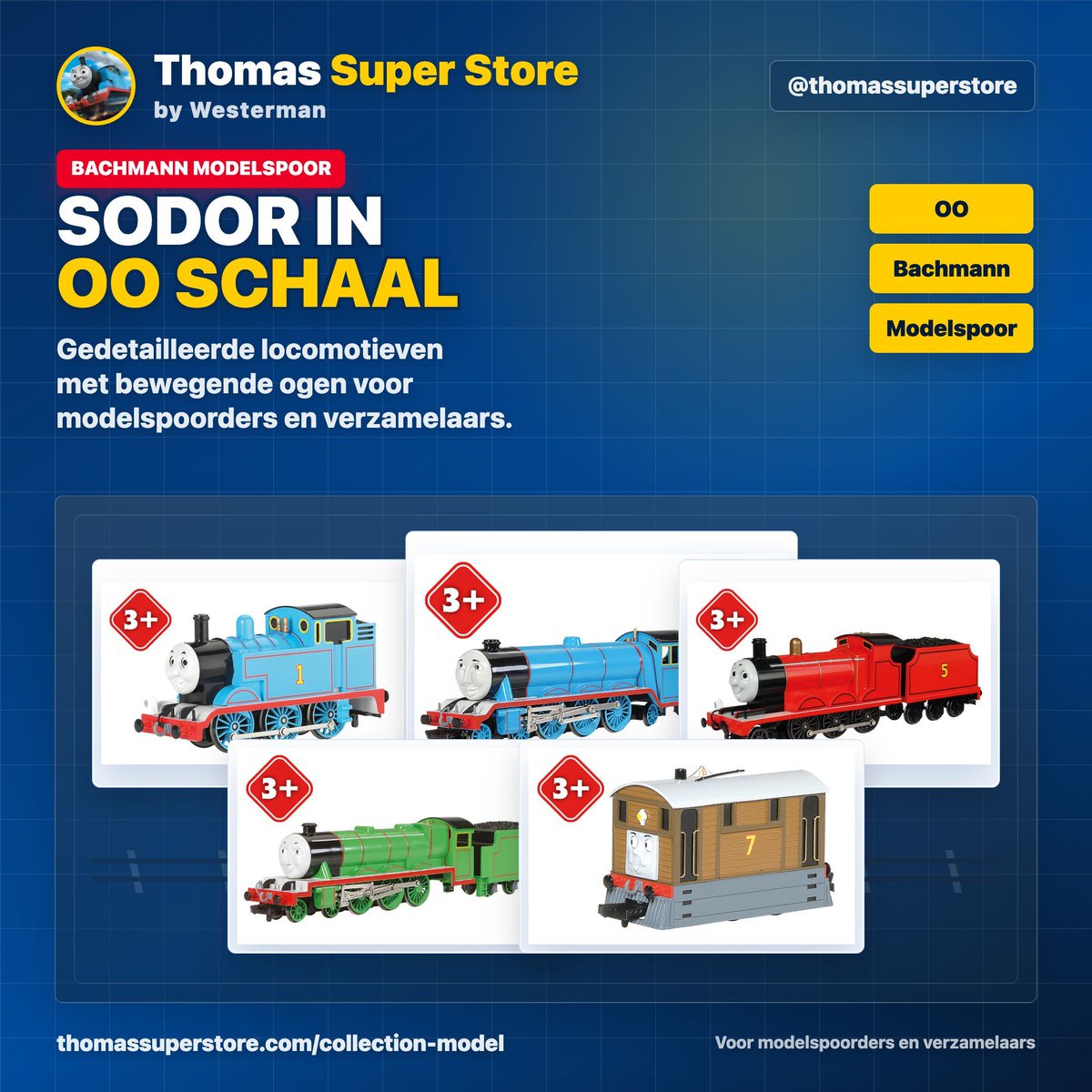 thomassuper02's tweet photo. Sodor in OO schaal. Bachmann locomotieven met herkenbare details en bewegende ogen voor modelspoorders en verzamelaars.

Bekijk de modelspoor collectie:
https://t.co/J2SUJXHMx9

#Bachmann #ThomasAndFriends #ThomasSuperStore #Modelspoor #OOSchaal #ThomasDeTrein https://t.co/KX9wOlYh2l