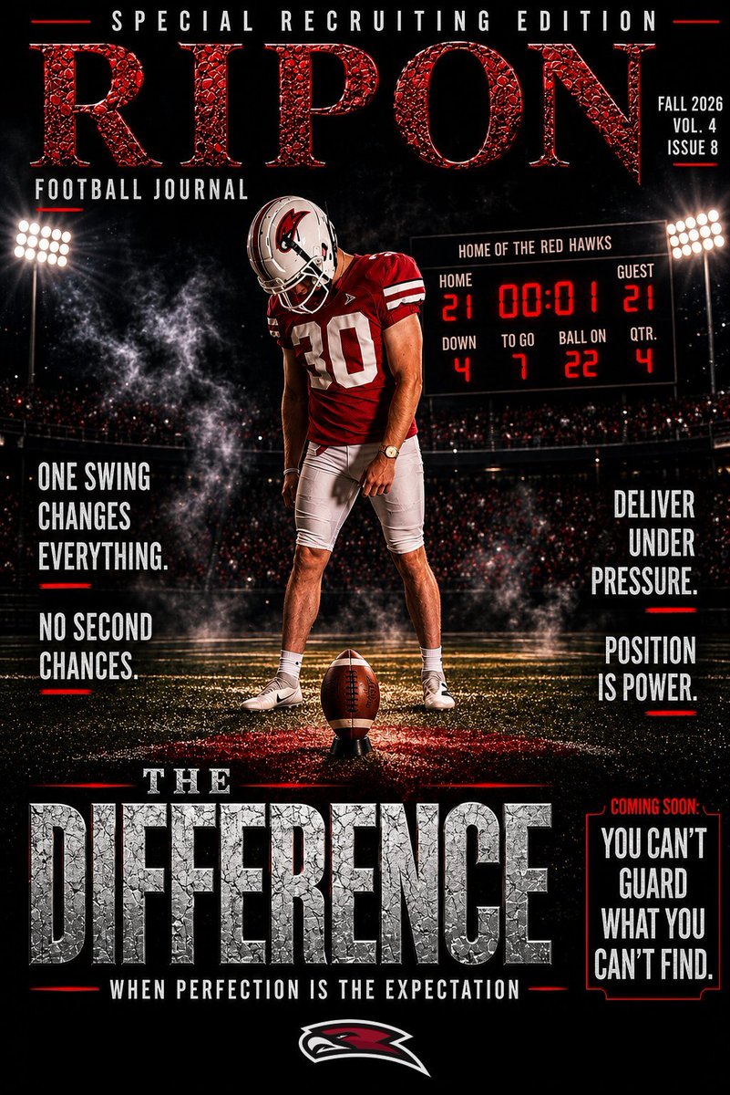 RiponRedHawkFB's tweet photo. NOW AVAILABLE:

𝐈𝐬𝐬𝐮𝐞 #𝟖: 𝐓𝐇𝐄 𝐃𝐈𝐅𝐅𝐄𝐑𝐄𝐍𝐂𝐄
Games are decided by inches.

Precision. Confidence. Consistency.

Be the Difference. #BeRed🔴⚪️ https://t.co/K1lZ8MYEAd