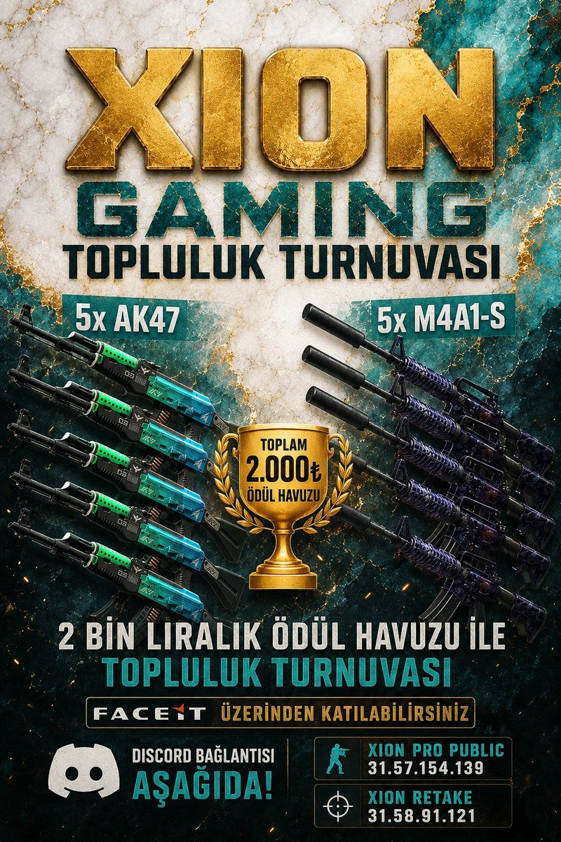 XIONGamingcs's tweet photo. XION Gaming Topluluk Turnuvası Başlıyorrrr 

5V5 Tekil Eliminasyon Formatında olacak turnuvamız 28 Temmuz Salı günü saat 16.05'te başlıyor 

2.000 TL ödül havuzu bulunan turnuvamıza yorumlardaki Faceit linki ile katılabilirsiniz. Discord linkininde yorumlarda olduğunu unutmayın https://t.co/Ryvfyl06kR