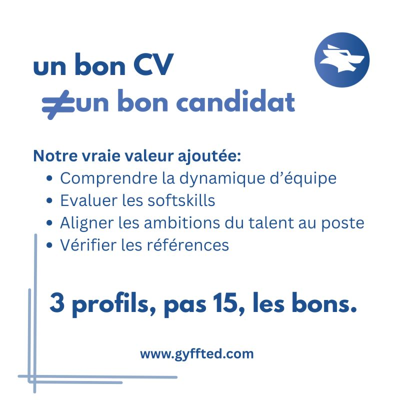GyffSA1215's tweet photo. Un bon CV ne fait pas un bon candidat et un bon candidat ne fait pas toujours le bon collaborateur pour votre entreprise.
C’est toute la subtilité de notre métier chez GYFF.

Si notre travail consistait uniquement à faire des recherches par mots-clés sur LinkedIn et à transférer des PDF, une IA nous aurait déjà remplacés!(Même si nous utilisons l’IA avec Robee pour être plus rapides, l’humain reste au centre de la décision).

Notre vraie valeur ajoutée se situe dans l’invisible : 
✅ Comprendre la dynamique de l’équipe que le talent va rejoindre, 
✅ Évaluer les “soft skills” : communication, résilience, leadership ou autre en fonction du poste et des compétences attendues,
✅ S’assurer que les ambitions du candidat s’alignent avec la réalité du poste, ✅ Vérifier les références, les diplômes et autres documents.

Nous ne vous envoyons pas 15 CVs “qui matchent à 80%”, nous vous présentons 3 personnes.
Et nous pouvons vous expliquer précisément pourquoi chacune d’entre elles pourrait réussir chez vous.
La précision plutôt que le volume, c’est le standard GYFF.

#RecrutementIT #Expertise #Genève #Suisse #GYFF