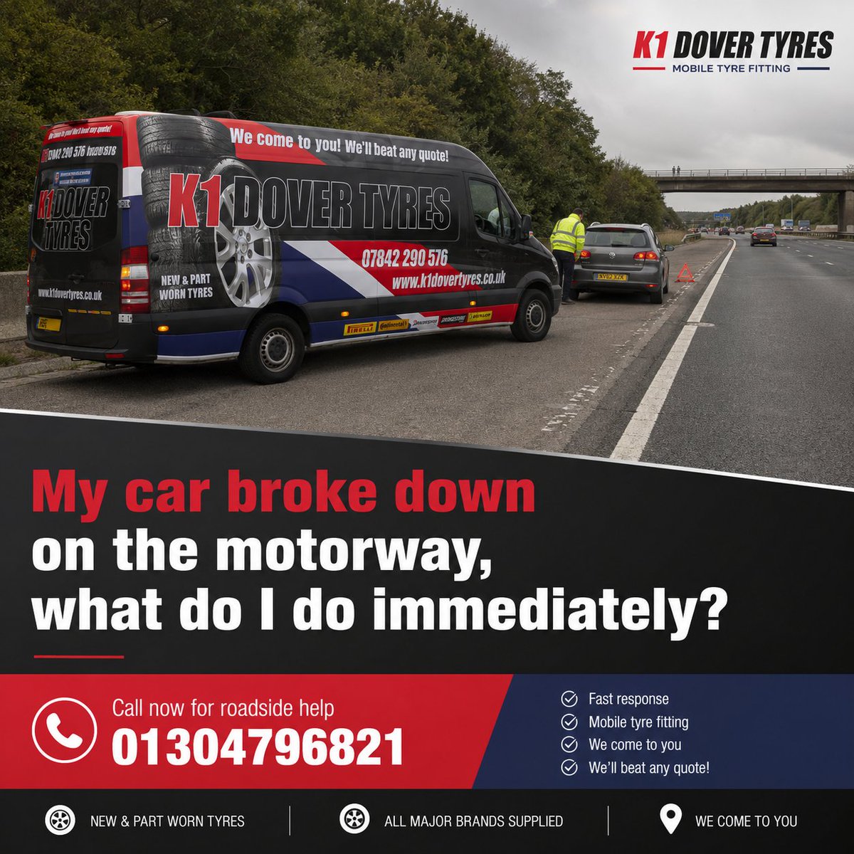 k1dovertyres's tweet photo. Car broken down on the motorway? 🚨

Pull onto the hard shoulder, hazards on, exit on the passenger side. Then call K1 Dover Tyres for fast roadside help across Dover &amp; Kent!

📞 01304796821

🔗 https://t.co/M5bntTCwj6

#MotorwayBreakdown #CarBrokeDown #K1DoverTyres #RoadsideHelp https://t.co/CYnbQIHVNy