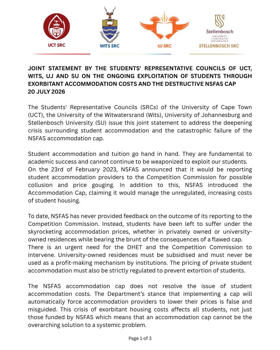 Wits_SRC's tweet photo. JOINT STATEMENT: The SRCs of UCT, Wits, UJ &amp; SU stand united against exorbitant accommodation costs and the destructive NSFAS accommodation cap. We demand its removal, regulation of accommodation pricing, and the immediate announcement of the 2026 NSFAS rates. https://t.co/6Ml7UBnAVo