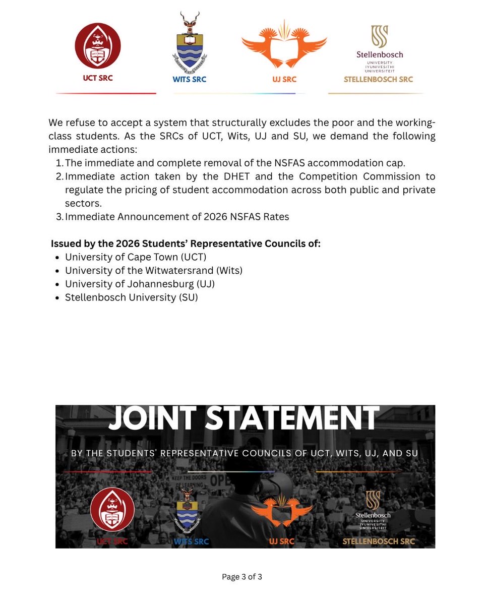 Wits_SRC's tweet photo. JOINT STATEMENT: The SRCs of UCT, Wits, UJ &amp; SU stand united against exorbitant accommodation costs and the destructive NSFAS accommodation cap. We demand its removal, regulation of accommodation pricing, and the immediate announcement of the 2026 NSFAS rates. https://t.co/6Ml7UBnAVo