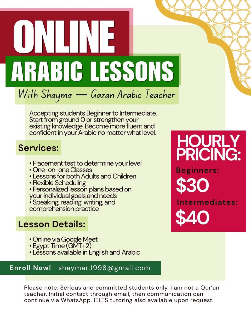 roundthefurr's tweet photo. Want to learn Arabic but have no idea where to start?

I teach Arabic to complete beginners and non-native speakers, with personalized lessons in Palestinian/Levantine and Egyptian Arabic!

From the alphabet and pronunciation to everyday conversation, I’ll help you build your Arabic step by step.

DM me if you’d like to start learning or book a trial lesson. 

RTs appreciated!🩷