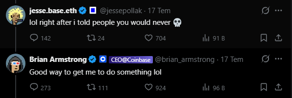 dvsk616's tweet photo. Jesse wrote that @brian_armstrong  wouldn't shill meme coins. And you turned around and replied to him, 'Good way to get me to do something lol.' You gave people confidence.

After that point, there is no way you didn't know a token linked to that PFP existed. And yet, less than a day later, you betrayed everyone who believed in you and Base by changing your PFP. People lost money. 

On top of that, @jessepollak  posted comments like he was making fun of everyone. Hahahaha, you're both just playing the innocent guys who have no clue about anything