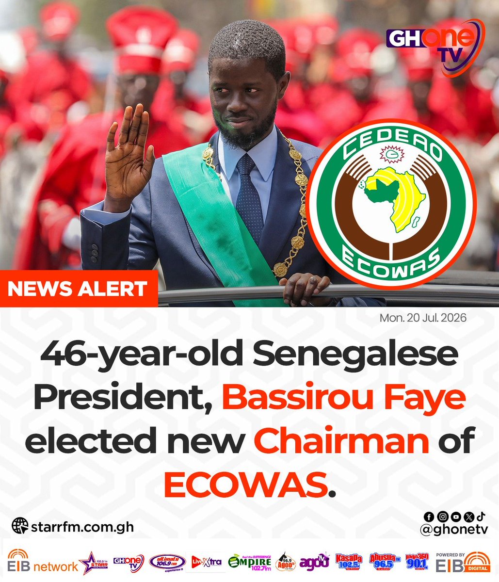 ghonetv's tweet photo. 46-year-old Senegalese President, Bassirou Faye elected new Chairman of ECOWAS...

#GHOneNews #EIBNetwork
#GHOneTV #NewsAlert https://t.co/oDUFnpoIMZ