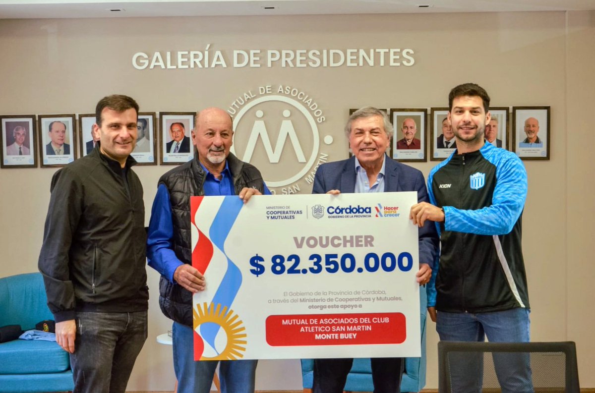 carlosmassei's tweet photo. Entrega de subsidio la Mutual de Asociados  Club Atlético San Martín de Monte Buey

En representación del ministro de @MinCoopCba, @GustavoHBrandan, hicimos entrega de un subsidio de $82.350.000 destinado a mejorar la infraestructura del Club Atlético San Martín de Monte Buey.

Córdoba es la única provincia del país que cuenta con un Ministerio de Cooperativas y Mutuales, una decisión del gobernador @MartinLlaryora que reafirma el compromiso con el fortalecimiento del cooperativismo, el mutualismo y de todas las instituciones que, sin fines de lucro, trabajan todos los días por sus comunidades. En el caso de los clubes, ese compromiso se traduce en más oportunidades para que niños y jóvenes crezcan a través del deporte, promoviendo valores y espacios de contención que los alejen de los malos hábitos.

Durante el acto, el intendente @MECalamante agradeció al @gobdecordoba por el permanente acompañamiento a Monte Buey y destacó que, en lo que va de la gestión provincial, ya se destinaron numerosos subsidios al municipio, cooperativas, mutuales e instituciones de la localidad. A su vez, el presidente de la mutual, Walter Saldarini, expresó su agradecimiento al ministro Gustavo Brandán, al gobernador y a todo el equipo de gobierno, remarcando que este es el segundo subsidio recibido y que permitirá seguir fortaleciendo el trabajo que realizan en beneficio de los chicos.

Fortalecer a las instituciones es fortalecer a nuestras comunidades. El trabajo conjunto entre la Provincia, los municipios, las cooperativas, las mutuales y las instituciones genera más oportunidades y mejora la calidad de vida de los cordobeses.

#HacerParaCrecer