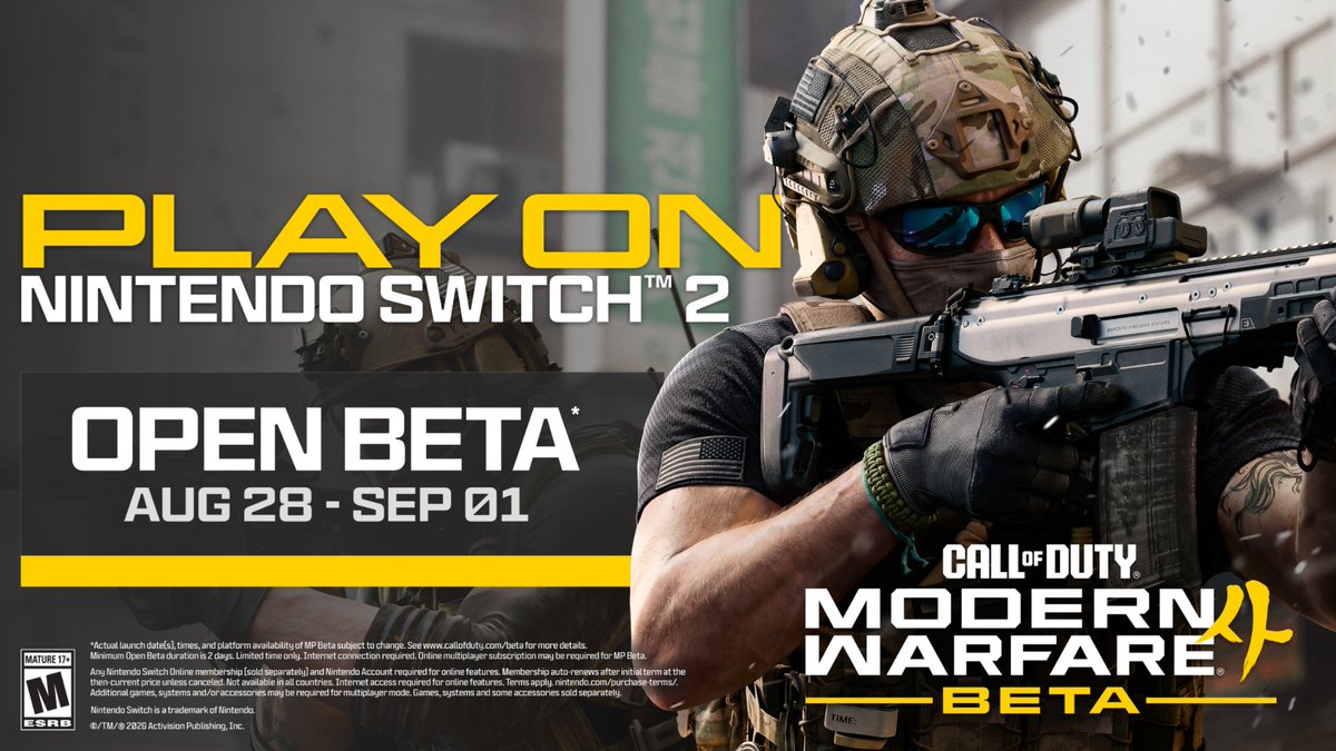 NintendoAmerica's tweet photo. Mark your calendars—@CallofDuty Modern Warfare 4 pre-orders for Nintendo Switch 2 start Aug 26! 

You can also jump into the Modern Warfare 4 Open Beta Weekend starting Aug 28! No pre-order is required to participate. 

Stay tuned for more info! https://t.co/ybGLgA1TKZ