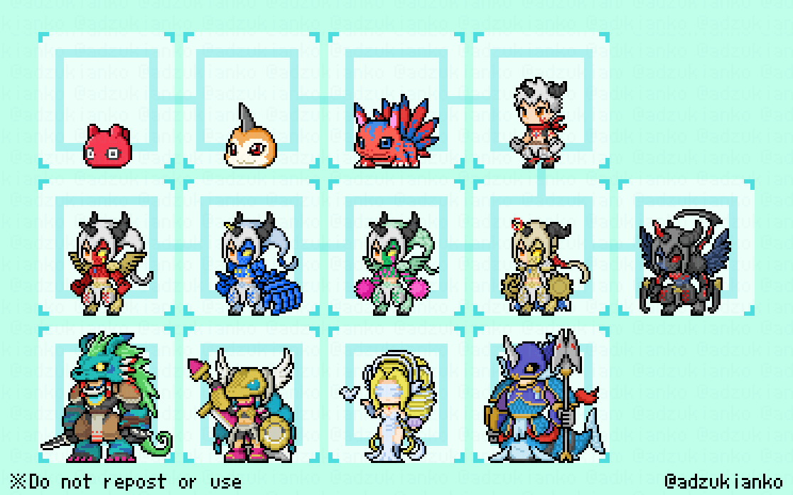 adzukianko's tweet photo. 久しぶりにデジモンドット絵！
タイスト特集という感じで、アイギオモン系統とオリンポス12神に着手。究極体はやっぱり情報量多くて時間かかるけど、残り8体（プルートモン入れると9体）頑張ろう・・・
#digimon  #タイムストレンジャー https://t.co/vTNi8JJZz6