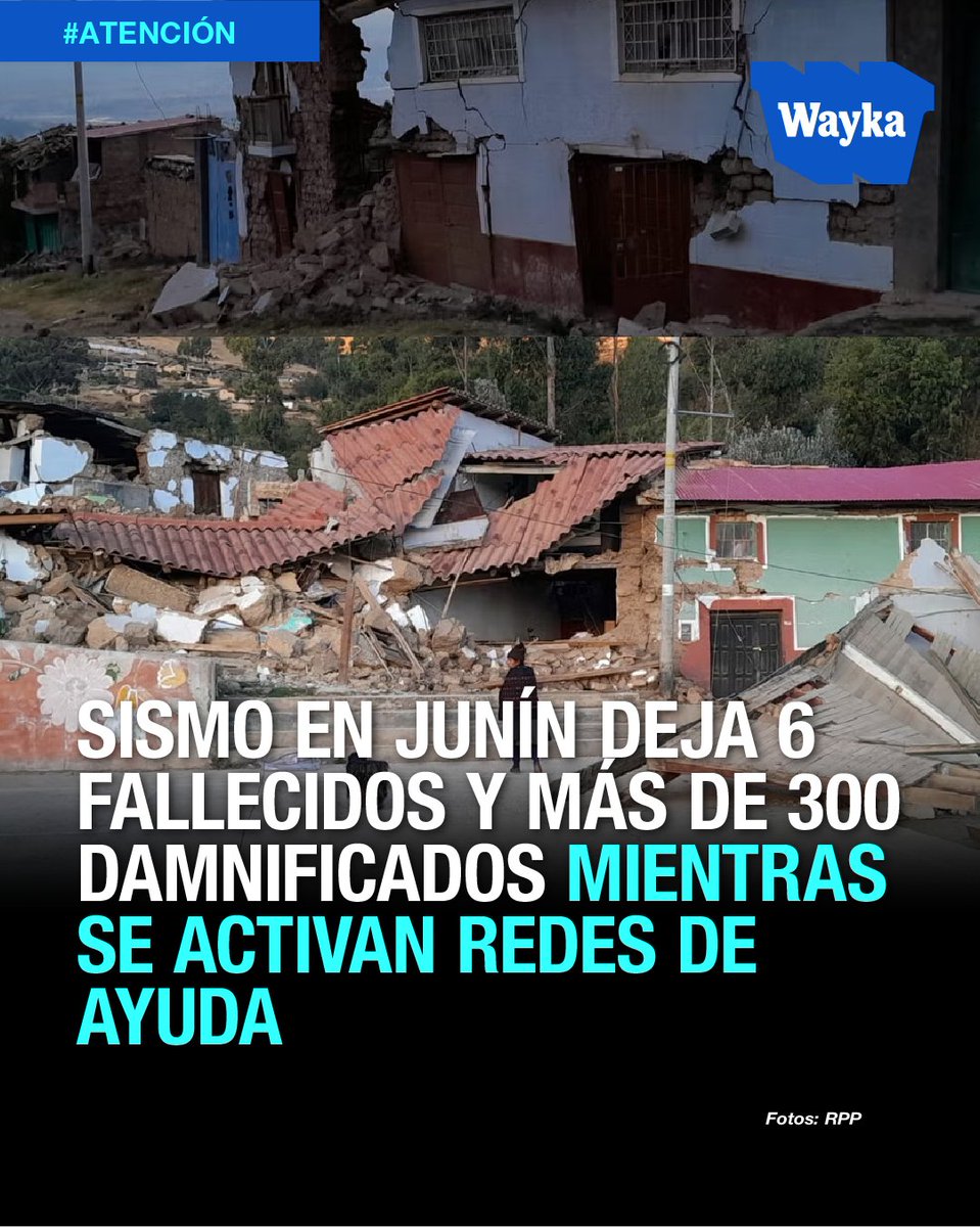 WaykaPeru's tweet photo. #Actualización | ⚠️🇵🇪 El sismo de magnitud 5.1 registrado en Junín deja, según el último reporte de Indeci, al menos 6 personas fallecidas, 21 heridas y más de 300 damnificadas, principalmente en la provincia de Chupaca.
El movimiento sísmico provocó el colapso de viviendas en zonas como Pumpunya (Chongos Bajo), además de daños en centros de salud e instituciones educativas, así como la interrupción del servicio eléctrico en varios distritos. Frente a esta situación, los equipos de rescate continúan trabajando ante la posibilidad de que haya personas atrapadas.

Mientras se evalúan los daños, se han habilitado diversos puntos de acopio: la Municipalidad de Chongos Bajo recibe agua, alimentos, ropa y medicinas, la Federación de Estudiantes de la Universidad Nacional del Centro del Perú concentra donaciones en el frontis de su casa de estudios, y diversas colectas ciudadanas se han activado en Huancayo, como en la Compañía de Bomberos.

La ayuda solicitada incluye principalmente agua potable, alimentos no perecibles, abrigo, frazadas, medicamentos y artículos de higiene para las familias afectadas.