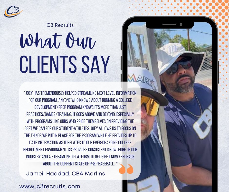 c3recruits's tweet photo. A huge thank you to Jameil Haddad and everyone at CBA Marlins for the kind words and continued trust in C3 Recruits!

Our mission has always been simple: equip club organizations, high school programs, and families with the education, tools, and support they need to confidently navigate the college recruiting process.

From our C3 Prospector Player Profiles and NextCommit AI email platform to college research tools, recruiting education, and personalized guidance, we're committed to making the college search more organized, efficient, and less stressful for student-athletes and their families.

We're grateful to partner with outstanding organizations like CBA Marlins that share our passion for helping young athletes create opportunities both on the field and in the classroom.

Thank you again, Jameil—we truly appreciate your support! ⚾️🎓

#C3Recruits #CBAMarlins #CollegeRecruiting #BaseballRecruiting #StudentAthlete #RecruitingEducation @cba_marlins