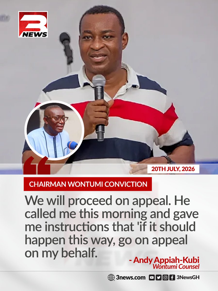 tv3_ghana's tweet photo. Counsel Andy Appiah-Kubi has confirmed that Chairman Wontumi has instructed him to file an appeal against his conviction and 20-year prison sentence. 

Appiah-Kubi stated that Wontumi called him on the morning of the judgment and directed him to pursue the appeal.

#3NewsGH #TV3GH