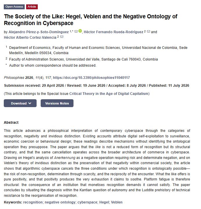Phil_MDPI's tweet photo. 📢 Call for Reading:
"The Society of the Like: Hegel, Veblen and the Negative Ontology of Recognition in Cyberspace"
🔗 Full Text: https://t.co/lyMXhuYu0B
📚 Special Issue: https://t.co/l0cGfjehTu
#recognition #negativeontology #cyberspace #Hegel #Veblen https://t.co/BAfCVNr94x