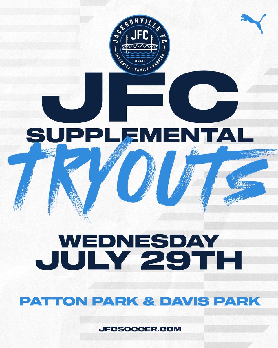 jacksonville_fc's tweet photo. Moved to Jacksonville? Missed JFC Tryouts? There’s Still Time.

JFC Supplemental Tryouts will be held on Wednesday, July 29th at Patton Park and Davis Park for players interested in joining JFC for the 2026/27 season.

This is a great opportunity for players who are new to the area, were unable to attend our May tryouts, or are still looking for the right club environment.

Register today and take the next step in your soccer journey.

Registration: https://t.co/UuuIEnYjZN

#PlayerDriven #904JFC
