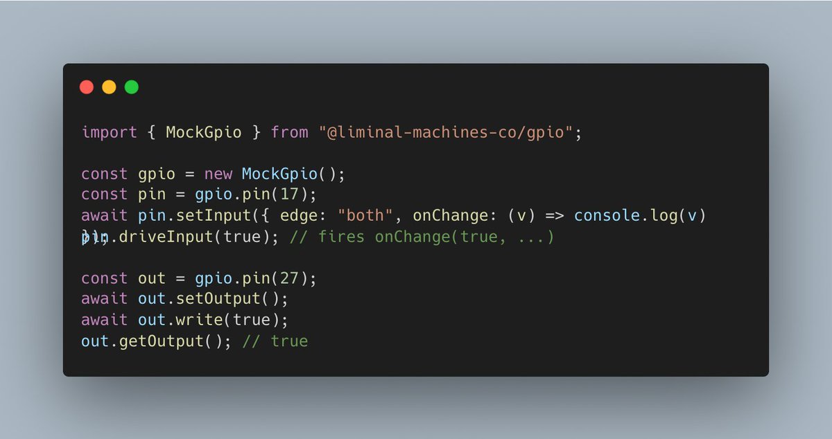 simpleeceetee's tweet photo. I missed being able to mock pin behaviour in other libraries for #nodejs.
This allows for moving the level of abstraction (like mocking a device) on level lower. You just have to simulate what's coming via the wire instead of creating a complete replacement! https://t.co/RcHLYRw1wj