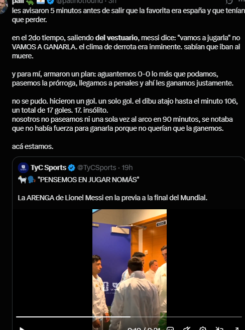 raulovtweet's tweet photo. Hay teorías conspiranoicas del partido de la final.

- Arbitraje con distintas varas de rigurosidad. Faltas y fouls ignorados a España y cobrados a Argentina.
- Argentinos saliendo del vestuario con cara de orto. Una frase de Messi "algo resignada".
- Cambios de criterio dudoso. https://t.co/kDdYMzC7x4