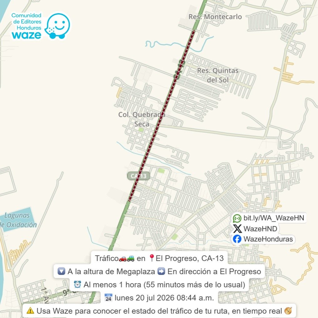 WazeHND's tweet photo. #Trafico🚗🚙 en 📍#ElProgreso, CA-13
🔽 A la altura de Megaplaza ➡️ En dirección a #ElProgreso
⚠️ Usa #Waze para conocer el #EstadoDelTrafico de tu #Ruta, en #TiempoReal 🧭
👉 Síguenos en redes sociales https://t.co/IAM8rj0Tep https://t.co/gna4ozuiIR