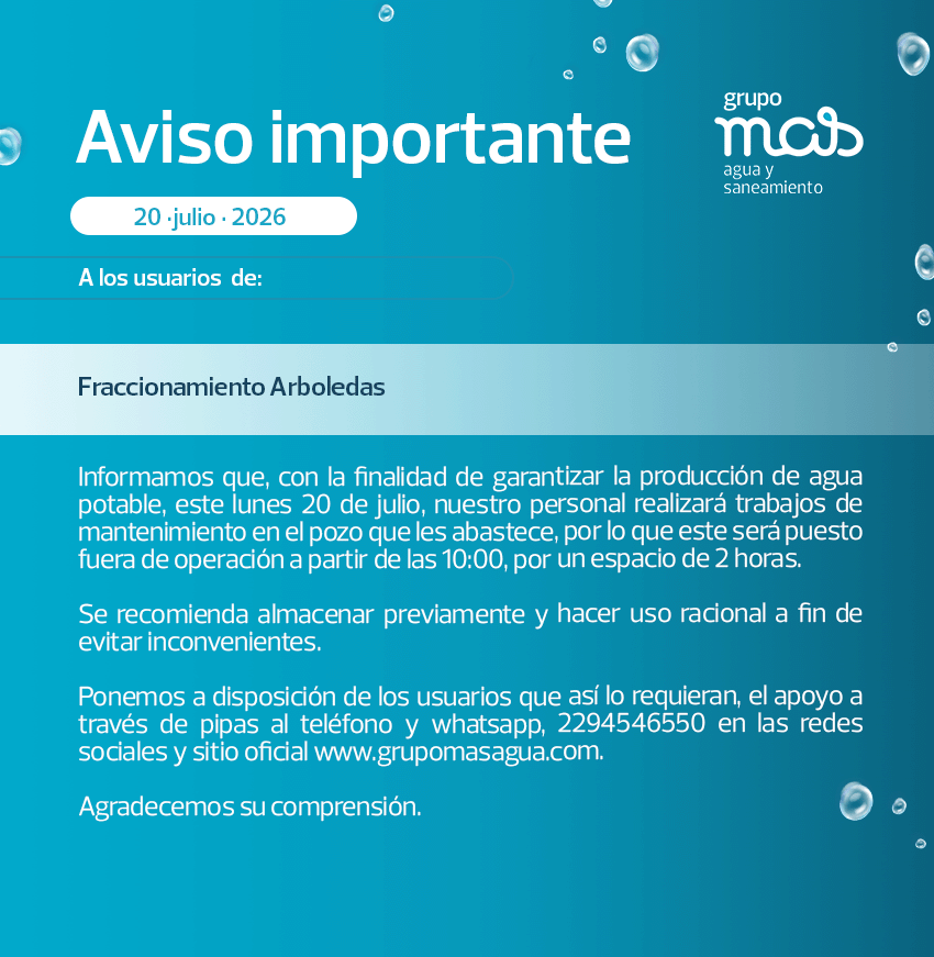 GrupoMASAgua's tweet photo. Aviso importante para los usuario del:

Fraccionamiento Arboledas 💧 https://t.co/y9VULbGS0b
