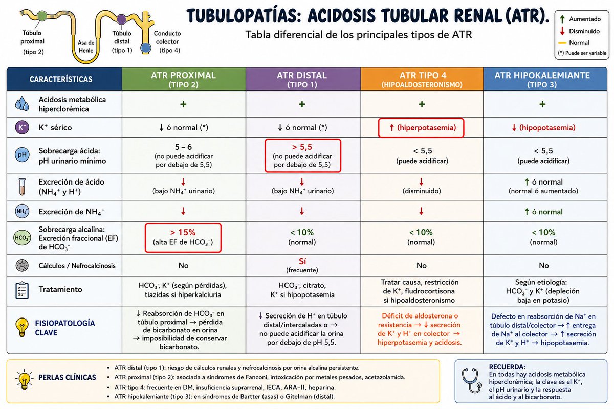 gabi_puchepalao's tweet photo. 🚨 ACIDOSIS TUBULAR RENAL🚨

Quédate con ...👇

🟢 proximal (tipo 2) → EF HCO₃⁻ >15% tras sobrecarga  HCO3- 👉 defecto reabsorción proximal.

🟣 distal (tipo 1) → pH urinario >5,5 pese a acidosis 👉 incapaz acidificar orina. 
🪨 Nefrolitiasis/nefrocalcinosis frecuente. https://t.co/qEL9SsTMBg