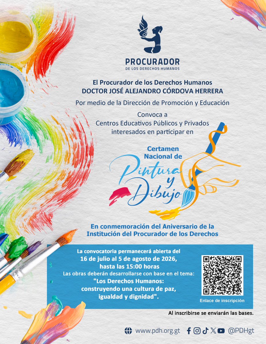 PDHgt's tweet photo. 📢📢El @PDHgt Dr. José Alejandro Córdova Herrera por medio de la Dirección de Promoción y Educación ✏️📝convoca a Centros Educativos Públicos y Privados interesados en participar en el Certamen Nacional de Pintura y Dibujo 🎨🖼️ https://t.co/DwsSF1MO1t