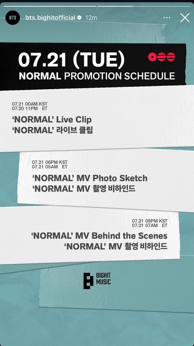 BackTheSoul's tweet photo. 📸 | Story da conta oficial do #BTS no Instagram:

PRÓXIMOS CONTEÚDOS DE PROMOÇÃO — "NORMAL"

1. "NORMAL" LIVE CLIP 📆 21 de julho | 00h00 (KST)
⏰ Horários por país:
20 de julho

🇸🇻 🇳🇮 🇬🇹 🇨🇷 🇧🇿 🇭🇳 🇲🇽 — 09h00
🇵🇦 🇪🇨 🇵🇪 🇨🇴 — 10h00
🇩🇴 🇧🇴 🇵🇷 🇻🇪 🇨🇱 🇨🇺 — 11h00
🇺🇾 🇦🇷 🇧🇷 🇵🇾 — 12h00
🇪🇸 🇮🇹 — 17h00

2. "NORMAL" MV Photo Sketch 📆 21 de julho | 18h00 (KST)
⏰ Horários por país:
21 de julho

🇸🇻 🇳🇮 🇬🇹 🇨🇷 🇧🇿 🇭🇳 🇲🇽 — 03h00
🇵🇦 🇪🇨 🇵🇪 🇨🇴 — 04h00
🇩🇴 🇧🇴 🇵🇷 🇻🇪 🇨🇱 🇨🇺 — 05h00
🇺🇾 🇦🇷 🇧🇷 🇵🇾 — 06h00
🇪🇸 🇮🇹 — 11h00

3. "NORMAL" MV Behind The Scenes 📆 21 de julho | 20h00 (KST)
⏰ Horários por país:
21 de julho

🇸🇻 🇳🇮 🇬🇹 🇨🇷 🇧🇿 🇭🇳 🇲🇽 — 05h00
🇵🇦 🇪🇨 🇵🇪 🇨🇴 — 06h00
🇩🇴 🇧🇴 🇵🇷 🇻🇪 🇨🇱 🇨🇺 — 07h00
🇺🇾 🇦🇷 🇧🇷 🇵🇾 — 08h00
🇪🇸 🇮🇹 — 13h00 

🐳