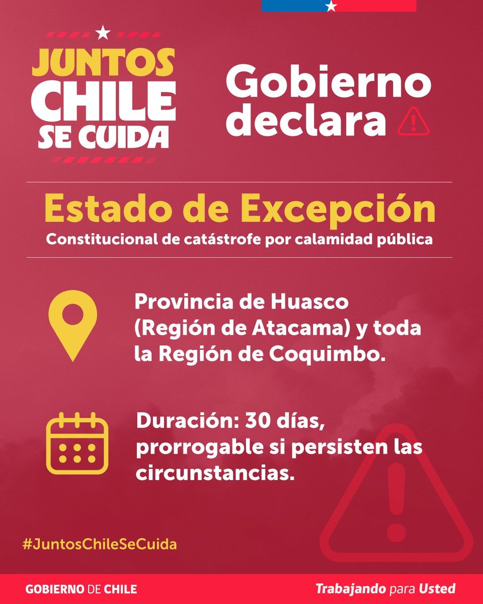 MTTAtacama's tweet photo. El Gobierno de Chile ha declarado Estado de Excepción Constitucional de Catástrofe por calamidad pública para la Provincia de Huasco (Región de Atacama) y toda la Región de Coquimbo.
#ChileSeCuida https://t.co/IzYFlaFK0k