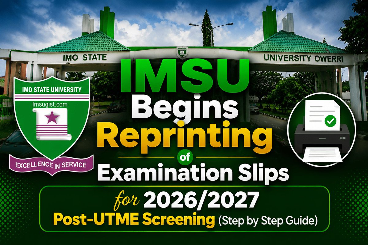 Imsu_official's tweet photo. 𝗜𝗠𝗦𝗨 𝗕𝗲𝗴𝗶𝗻𝘀 𝗥𝗲𝗽𝗿𝗶𝗻𝘁𝗶𝗻𝗴 𝗼𝗳 2026/2027 𝗣𝗼𝘀𝘁-𝗨𝗧𝗠𝗘 𝗦𝗰𝗿𝗲𝗲𝗻𝗶𝗻𝗴 𝗦𝗹𝗶𝗽𝘀 (𝗙𝘂𝗹𝗹 𝗦𝘁𝗲𝗽-𝗯𝘆-𝗦𝘁𝗲𝗽 𝗚𝘂𝗶𝗱𝗲)

Full Step-by-Step Guide to Reprint Your IMSU Post-UTME Slip: https://t.co/FpZuIfPwEs

#imsu #imostateuniversity #imsugist https://t.co/C0fVrA8eX0