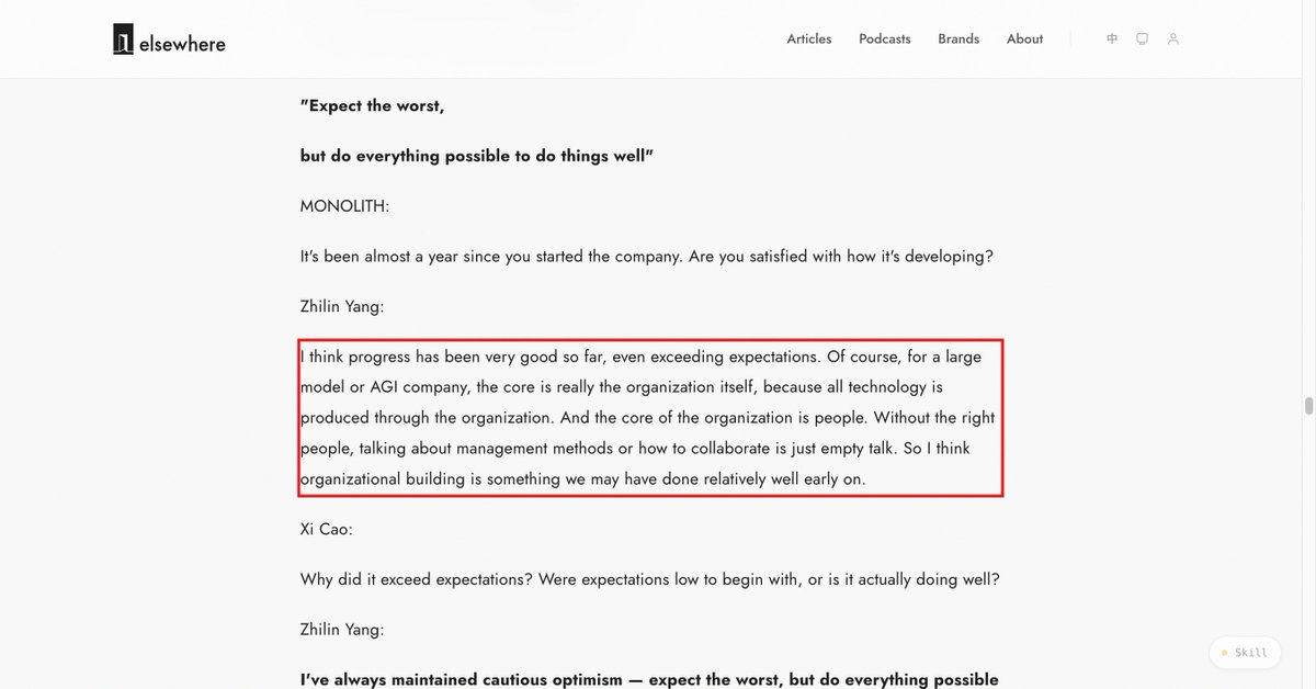 allwefantasy's tweet photo. Two remarks about AI companies have stayed with me. In an interview, Moonshot AI founder Yang Zhilin said technology is produced through organizations—and people are the core of any organization. Without the right people, management and collaboration are empty talk. https://t.co/M9LgbuuRoU