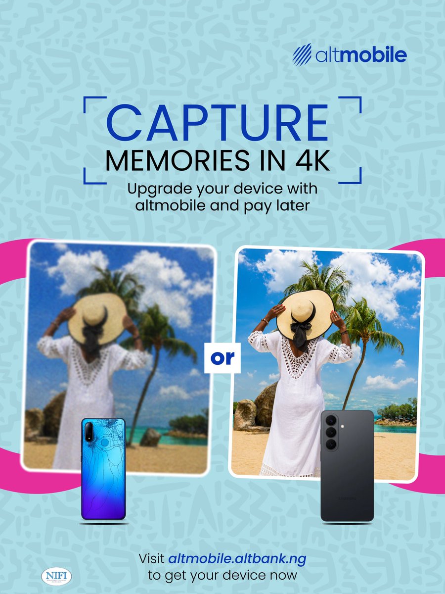 altmobileng's tweet photo. Every moment tells a story, make sure yours is crystal clear 😎 

Upgrade to a premium smartphone with Altmobile and spread your payments over time.

Visit https://t.co/J23ypoLXK7 to get started.

#Altmobile #DeviceFinancing https://t.co/v5SQKOTXR9