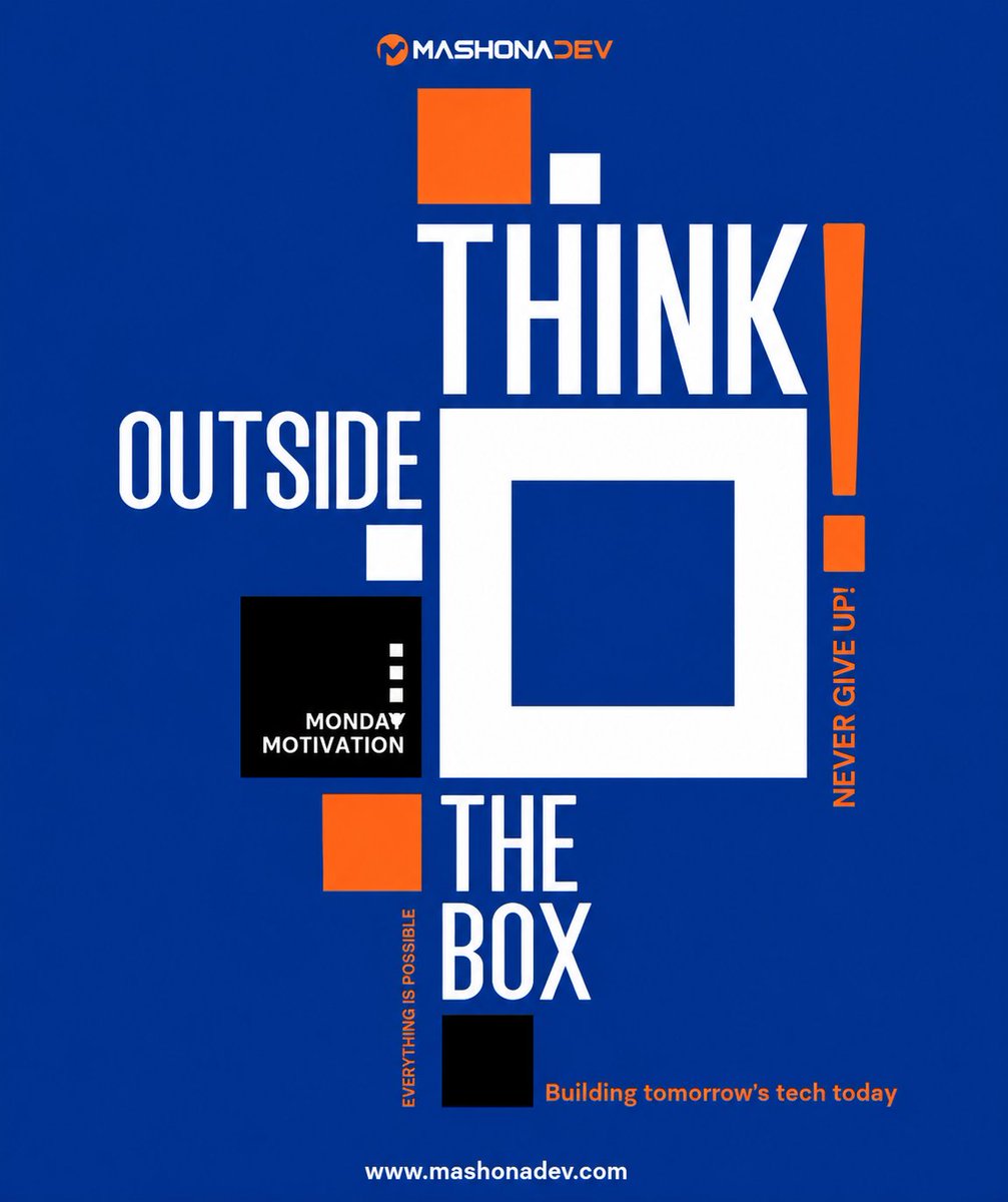 MashonaDev's tweet photo. 💡 Great ideas don't come from staying comfortable they come from challenging the ordinary.
At MashonaDev we believe innovation starts when you think beyond limits, embrace creativity and turn bold ideas into reality. Think outside the box. 
#MondayMotivation #ThinkOutsideTheBox https://t.co/tZag00pYXz