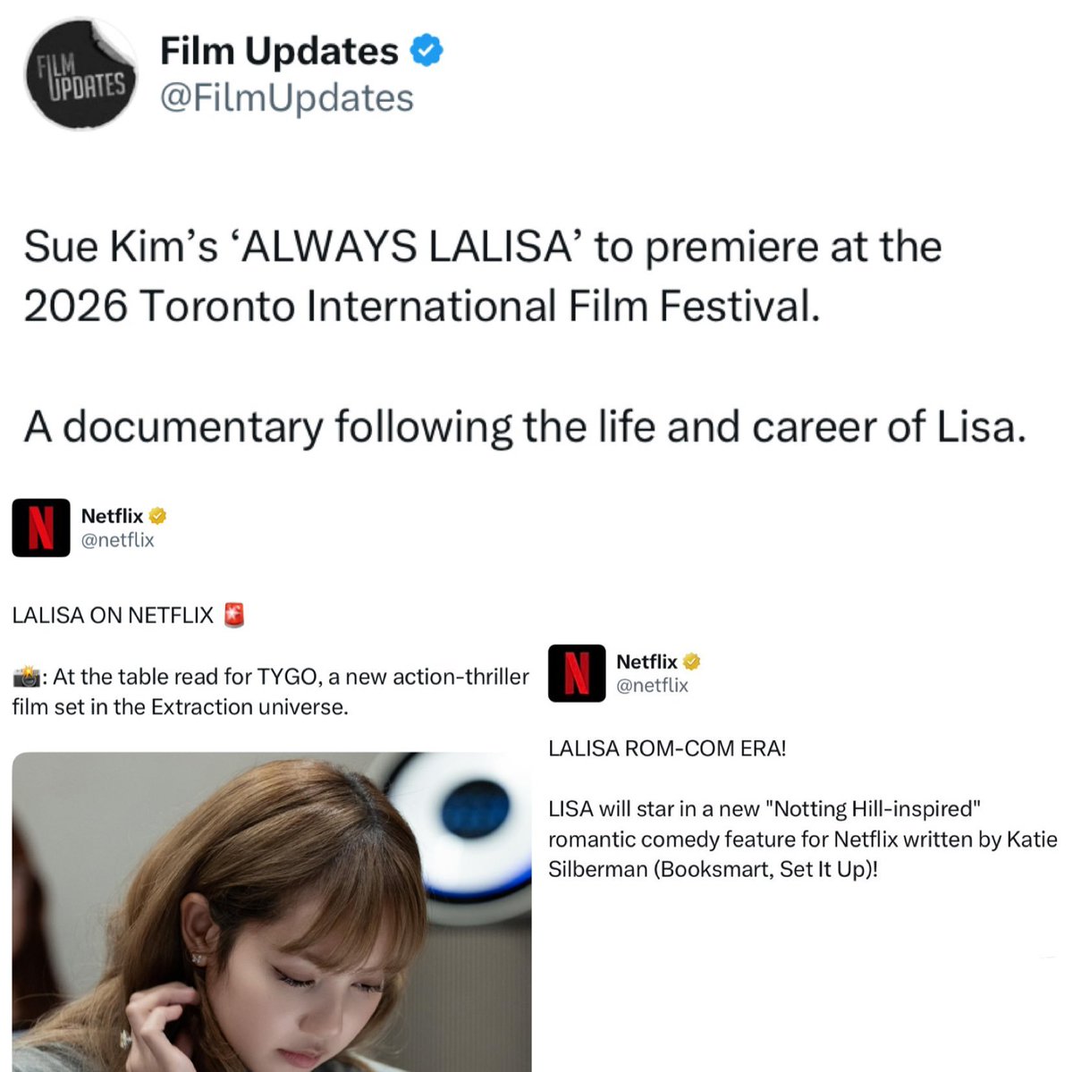 portalblackpink's tweet photo. #LISA agora possui TRÊS projetos de atuação/cinema para serem lançados! 

Documentário: Always Lalisa.
Filme na Netflix: tygo.
Filme de Comédia na Netflix. https://t.co/SoRJADyzOc