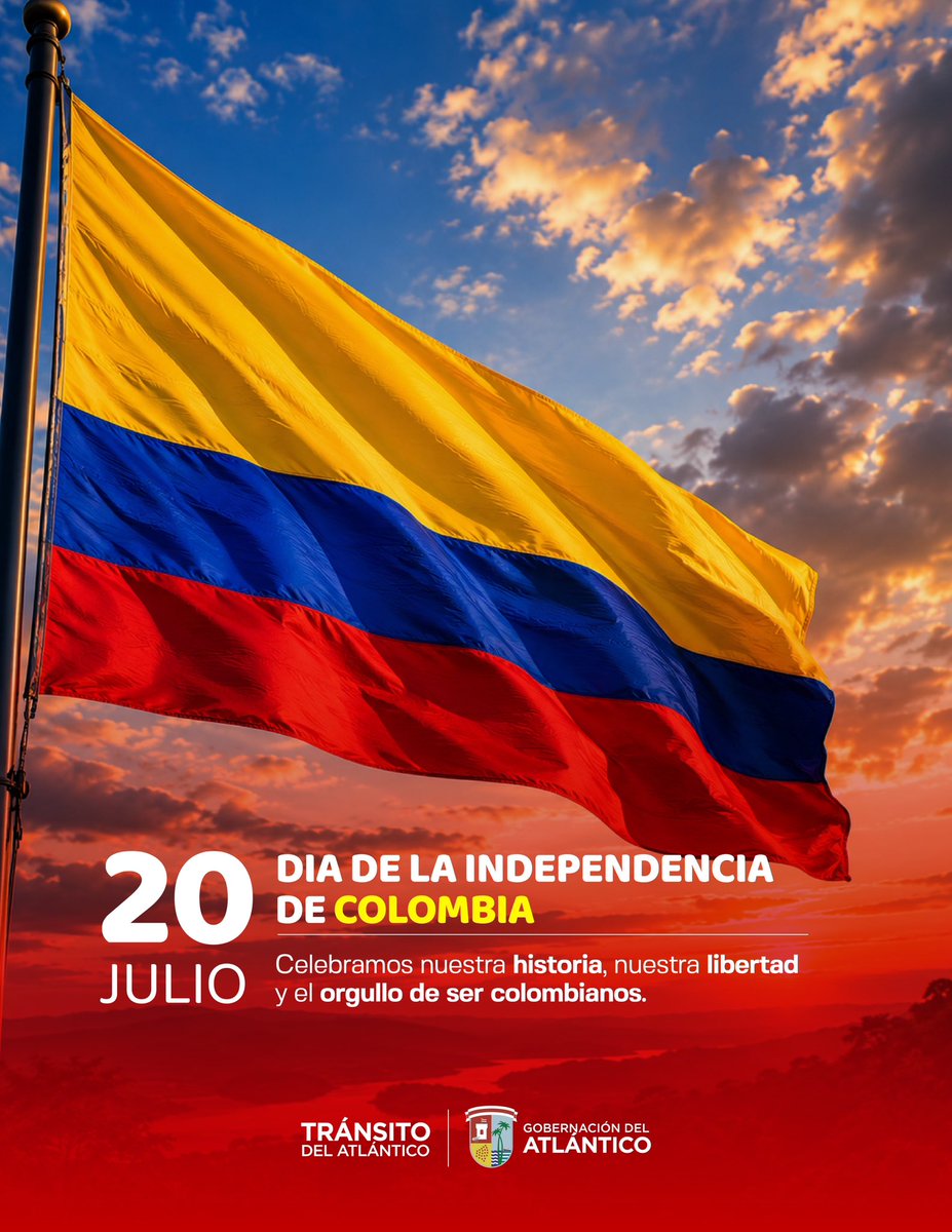 TransitoAtl's tweet photo. Orgullosos de nuestras raíces, nuestra gente y nuestra historia. 💛💙❤️

¡Feliz 20 de julio a todos los colombianos dentro y fuera del país! Que la libertad y la esperanza sigan guiando nuestro camino. 🇨🇴✨ #TránsitoDelAtlántico 🚩 @Gobatlantico https://t.co/hiuKTunitg