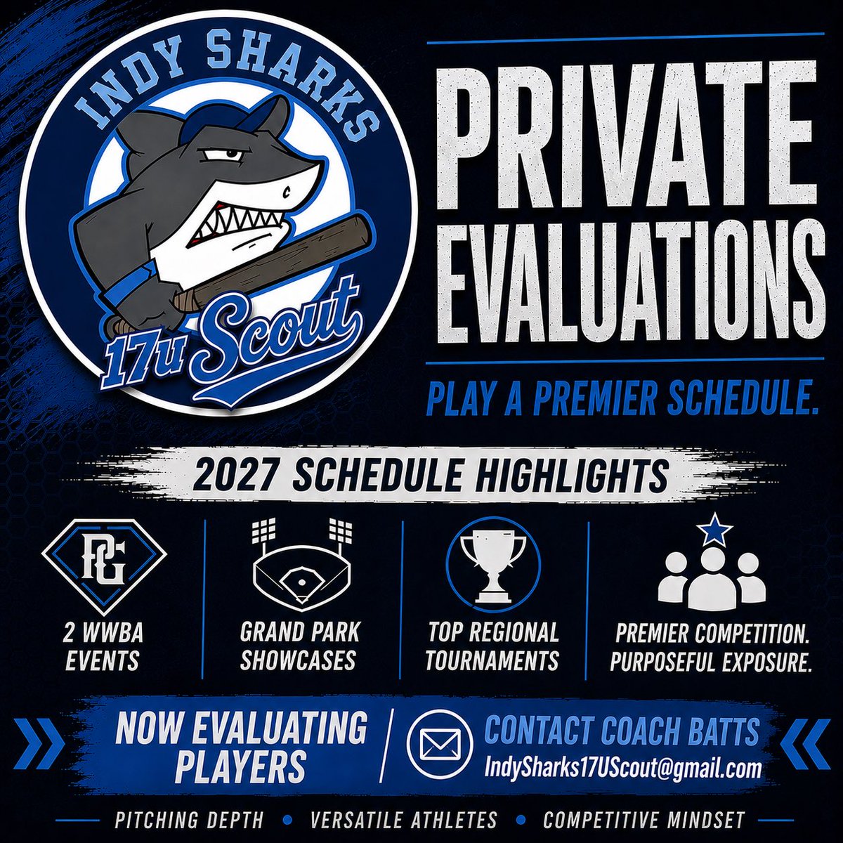 IndySharks17Sc's tweet photo. 🚨Introducing Indy Sharks 17U Scout🚨

New Name. Clear Purpose

⚾ Premier competition
⚾ Purposeful player development
⚾ Pitching depth
⚾ Versatile athletes
⚾ Competitive mindset

Private evaluations are now underway. DM for inquiries https://t.co/JObfBaZEEK