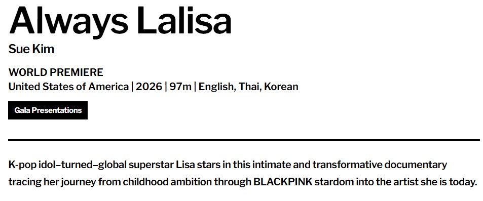 thepaleblood's tweet photo. สารคดีของลิซ่า 'Always Lalisa' จะยาว 97 นาที กำกับโดย Sue Kim จะฉายเป็นครั้งแรกในงาน 2026 Toronto International Film (จัด 10-20 ก.ย. 69)

"จากไอดอลเคป๊อปสู่ซูเปอร์สตาร์ระดับโลก #LISA @wearelloud นำแสดงในสารคดีสุดใกล้ชิดและอาจทำให้คุณเปลี่ยนมุมมอง

(ต่อ) https://t.co/eP9MAoSJDy