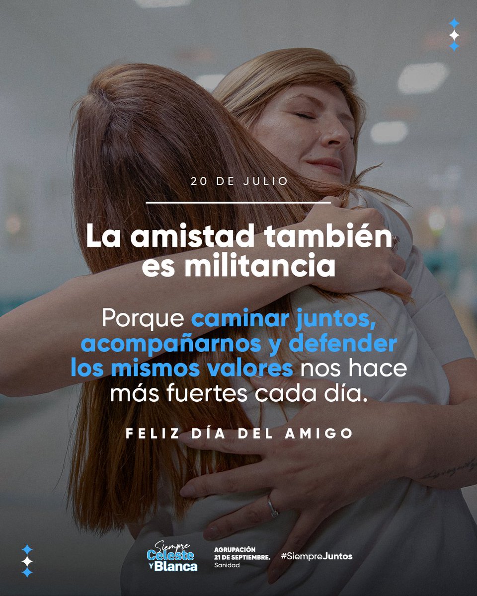 cybsanidad's tweet photo. 🤝💙 En la Celeste y Blanca creemos que la amistad también es militancia.
Es acompañar, escuchar, compartir luchas y construir juntos un futuro mejor para las trabajadoras y los trabajadores.

Porque cuando hay compañerismo y solidaridad, somos más fuertes.

¡Feliz Día del Amigo! https://t.co/sf8C9mjm2U