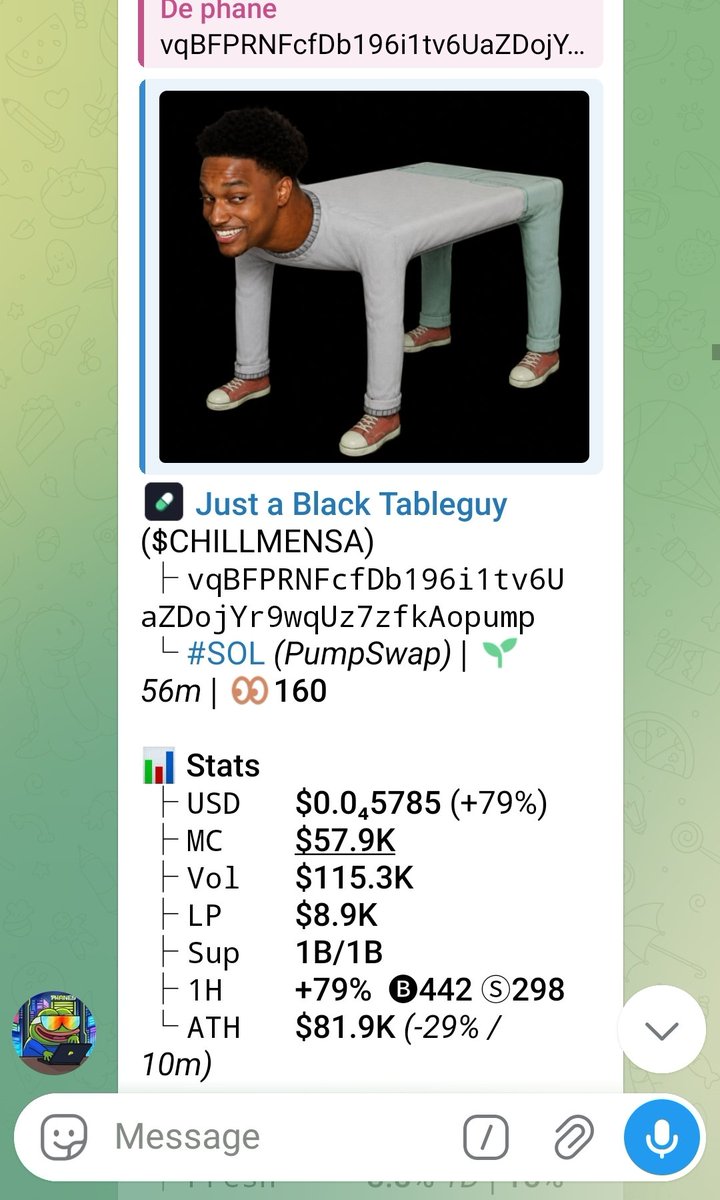 De_phane's tweet photo. $CHILLMENSA hit 3.7x from my call 
Called it early in telegram group at $57.9k now at $214k mc 

Want to get gains like this? Dm: https://t.co/Icw2axhfR7 to join the group 

Ca;
vqBFPRNFcfDb196i1tv6UaZDojYr9wqUz7zfkAopump

#memecoin #solana #degen https://t.co/OGnPbf6h5T