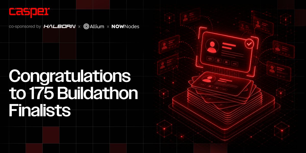 Casper_Network's tweet photo. Congratulations to our 175 Agentic Buildathon finalists!

175 working agentic projects, built on Casper in a few weeks, every one with a real path to Mainnet. 

This is what the machine economy looks like when builders show up. Proud of every team. https://t.co/2QZBYyfyiK